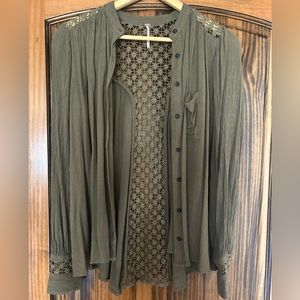 Free People olive button down with knitted back